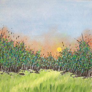 Day's End - Acrylic Sunset Landscape Painting by Deb Bossert Artworks, 6" x 6"